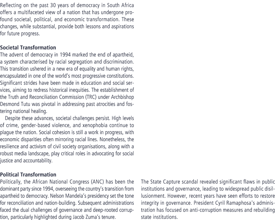 Reflecting on the past 30 years of democracy in South Africa offers a multifaceted view of a nation that has undergon...