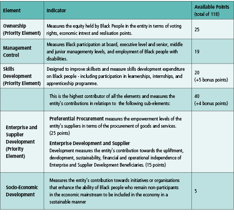 Element ,Indicator,Available Points (total of 118),Ownership (Priority Element),Measures the equity held by Black Peo...
