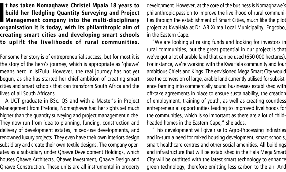 It has taken Nomaqhawe Christel Mpala 18 years to build her fledgling Quantity Surveying and Project Management compa...