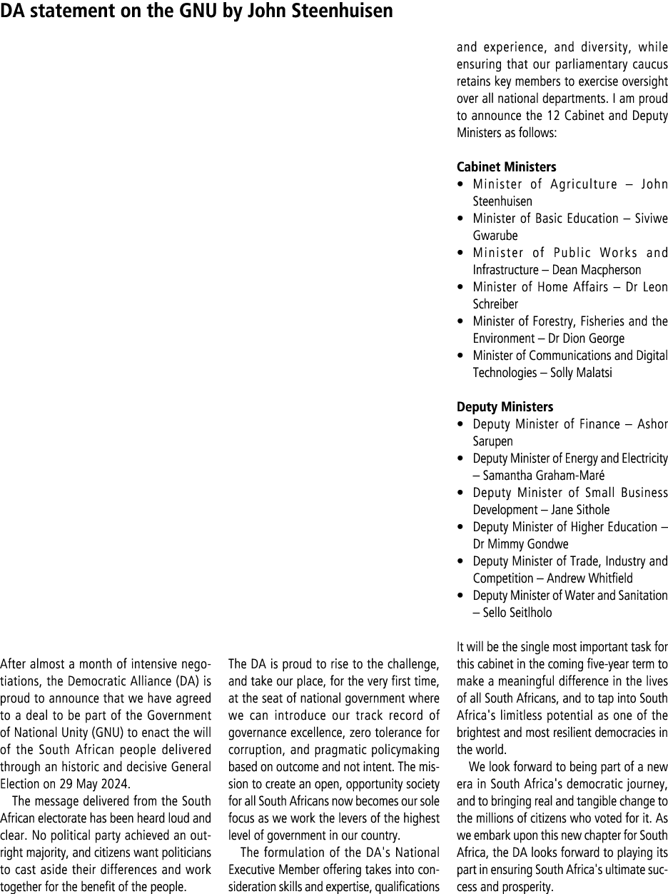 DA statement on the GNU by John Steenhuisen After almost a month of intensive negotiations, the Democratic Alliance (...