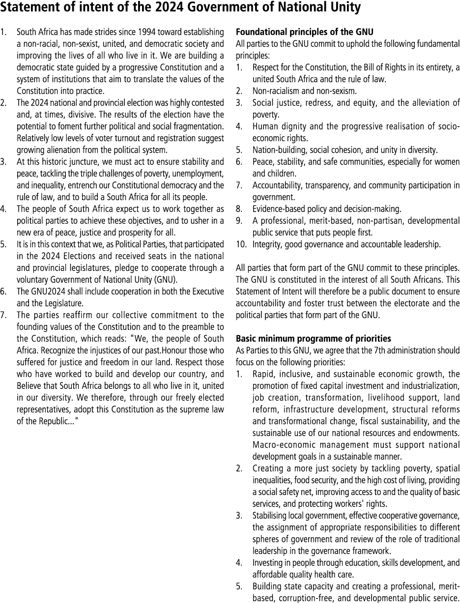 Statement of intent of the 2024 Government of National Unity 1. South Africa has made strides since 1994 toward estab...