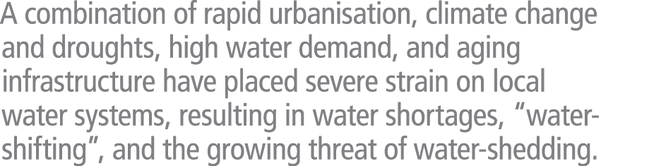 A combination of rapid urbanisation, climate change and droughts, high water demand, and aging infrastructure have pl...