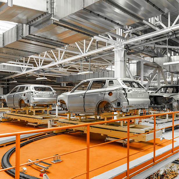 Automobile production line. Welding car body. Modern car assembly plant.