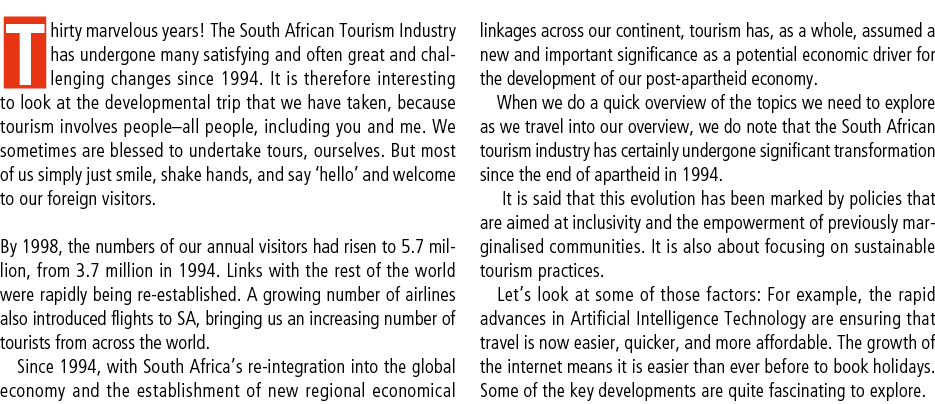 Thirty marvelous years! The South African Tourism Industry has undergone many satisfying and often great and challeng...