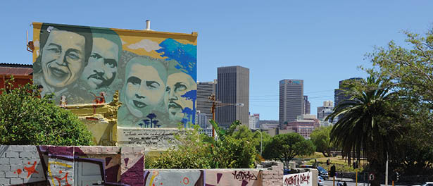 SOUTH AFRICA, CAPE TOWN - APRIL 15 : Mural painting and graffitis in Cape Town. Mural representing famous South African anti-apartheid activists, by painter Faith 47, who denounces injustices in Cape town and in South Africa. L to R: former South African president Nelson Mandela, founder of the Black Consciousness Movement Steve Biko, civil right leader Zainunnisa (Cissie) Gool, and Iman Haron on April 15, 2017 in Cape Town, South Africa. (Photo by Fr d ric Soltan/Corbis via Getty Images)