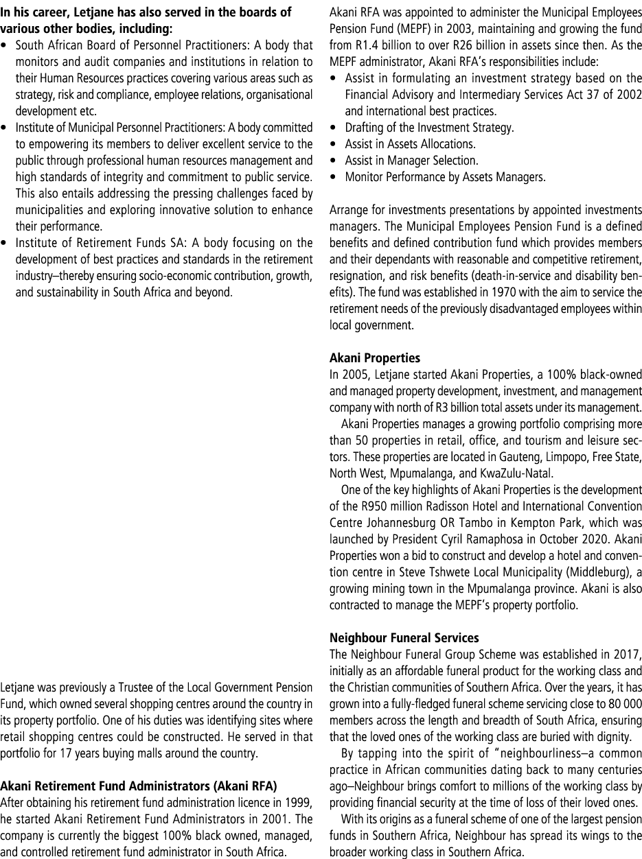 In his career, Letjane has also served in the boards of various other bodies, including: • South African Board of Per...