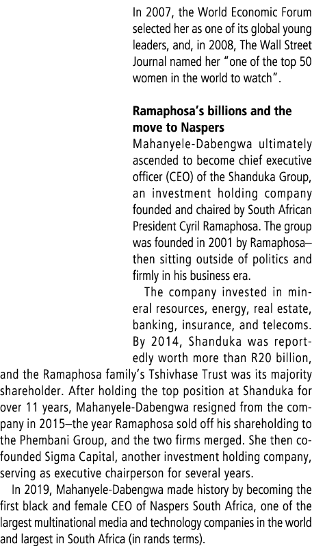 In 2007, the World Economic Forum selected her as one of its global young leaders, and, in 2008, The Wall Street Jour...