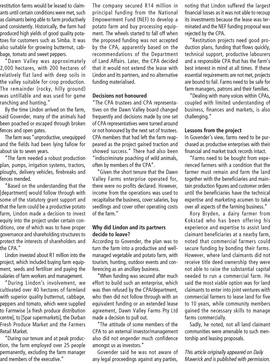restitution farms would be leased to claimants until certain conditions were met, such as claimants being able to far...