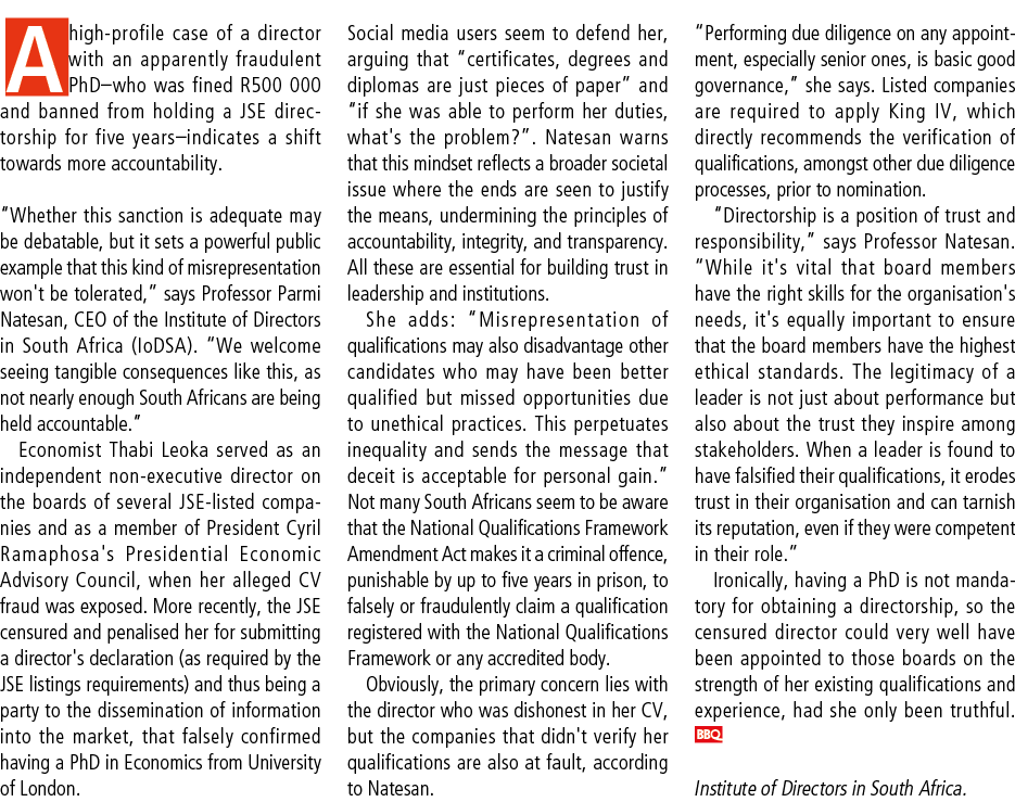 A high profile case of a director with an apparently fraudulent PhD–who was fined R500 000 and banned from holding a ...