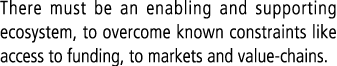 There must be an enabling and supporting ecosystem, to overcome known constraints like access to funding, to markets ...