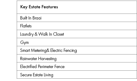 Key Estate Features,Built In Braai,Flatlets,Laundry & Walk In Closet,Gym,Smart Metering& Electric Fencing,Rainwater H...