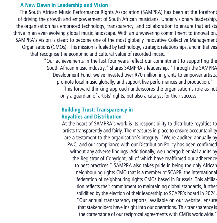 A New Dawn in Leadership and Vision The South African Music Performance Rights Association (SAMPRA) has been at the f...