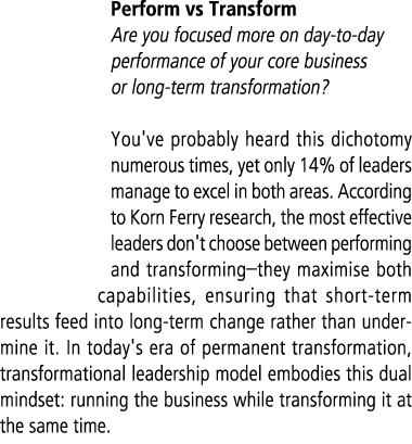 Perform vs Transform Are you focused more on day to day performance of your core business or long term transformation...