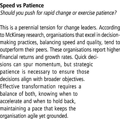 Speed vs Patience Should you push for rapid change or exercise patience? This is a perennial tension for change leade...