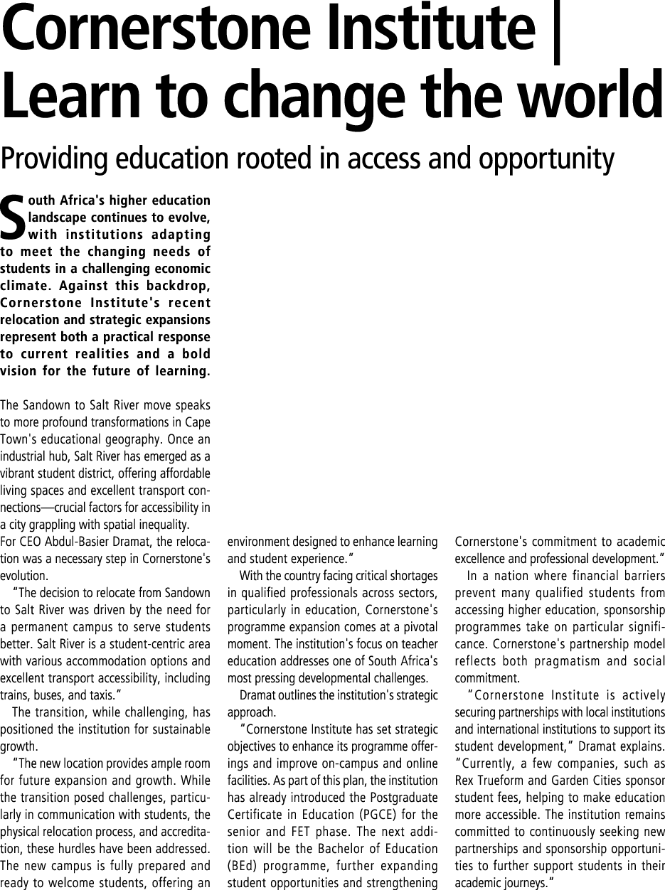 Cornerstone Institute | Learn to change the world Providing education rooted in access and opportunity South Africa's...