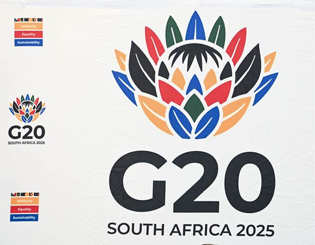 DURBAN, SOUTH AFRICA - APRIL 23: Logo at the G20 Agriculture Working Group (AWG) meeting at Southern Sun Elangeni Hotel on April 23, 2025 in Durban, South Africa. These G20 meetings are part of a series of international meetings that the country is hosting as a precursor to the main G20 Summit in November 2025. (Photo by Darren Stewart/Gallo Images via Getty Images)