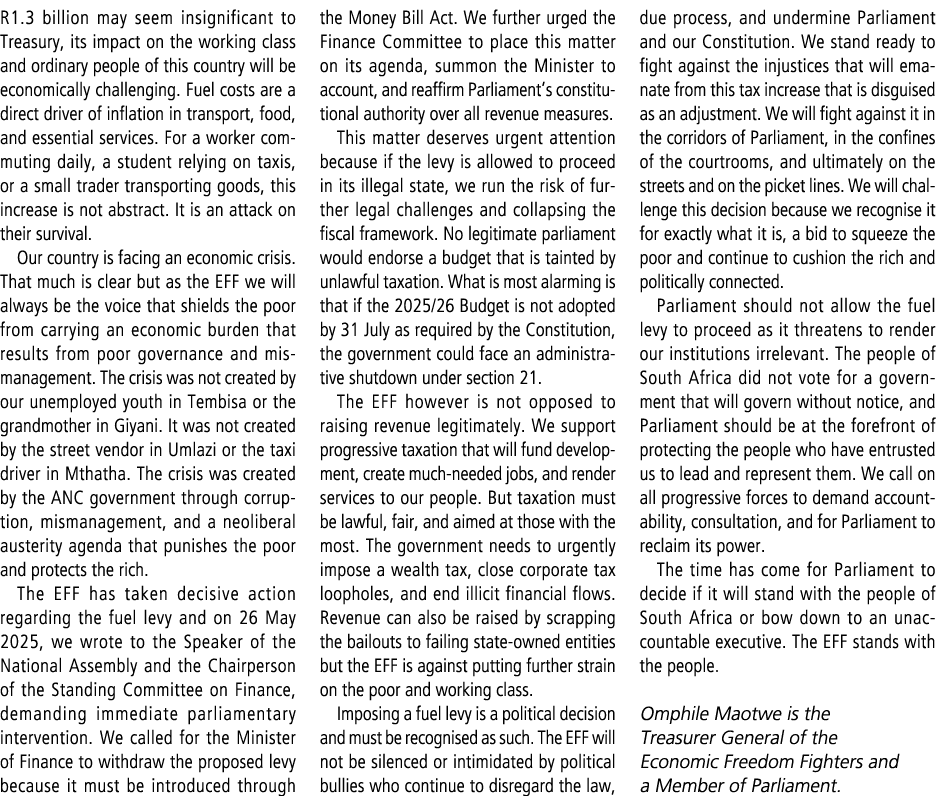 R1.3 billion may seem insignificant to Treasury, its impact on the working class and ordinary people of this country ...