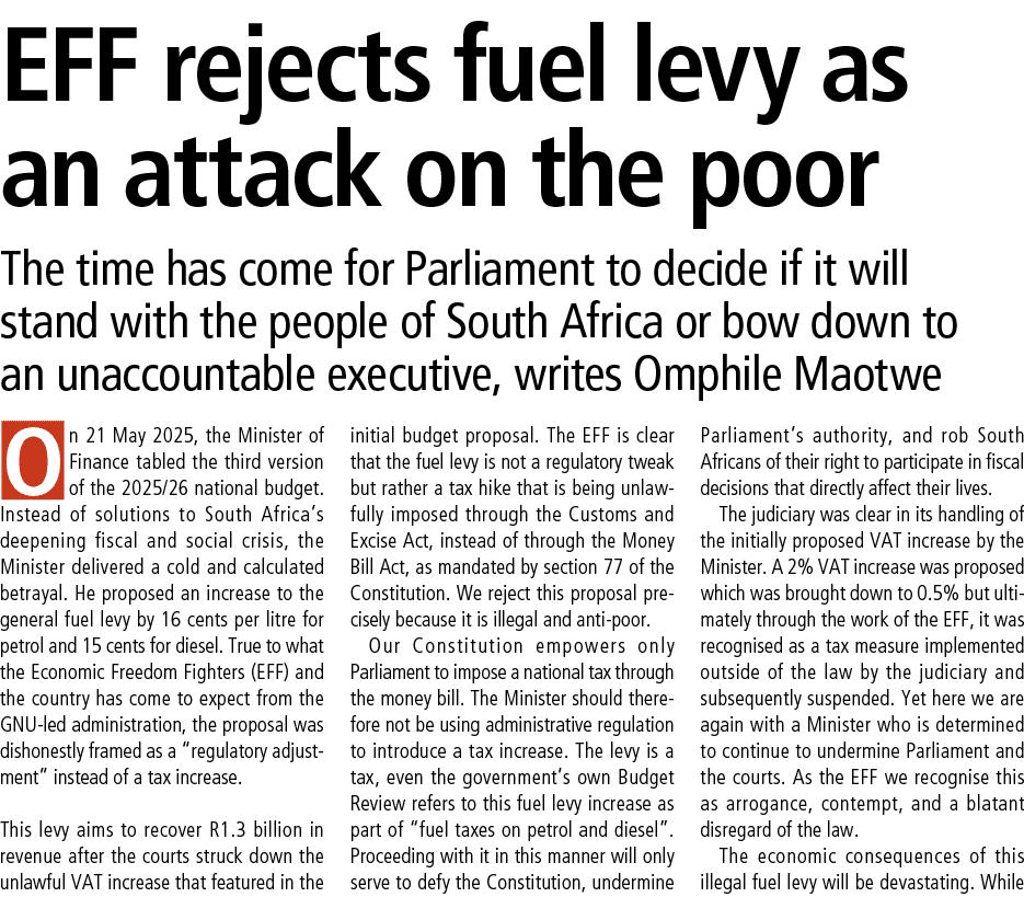 EFF rejects fuel levy as an attack on the poor The time has come for Parliament to decide if it will stand with the p...