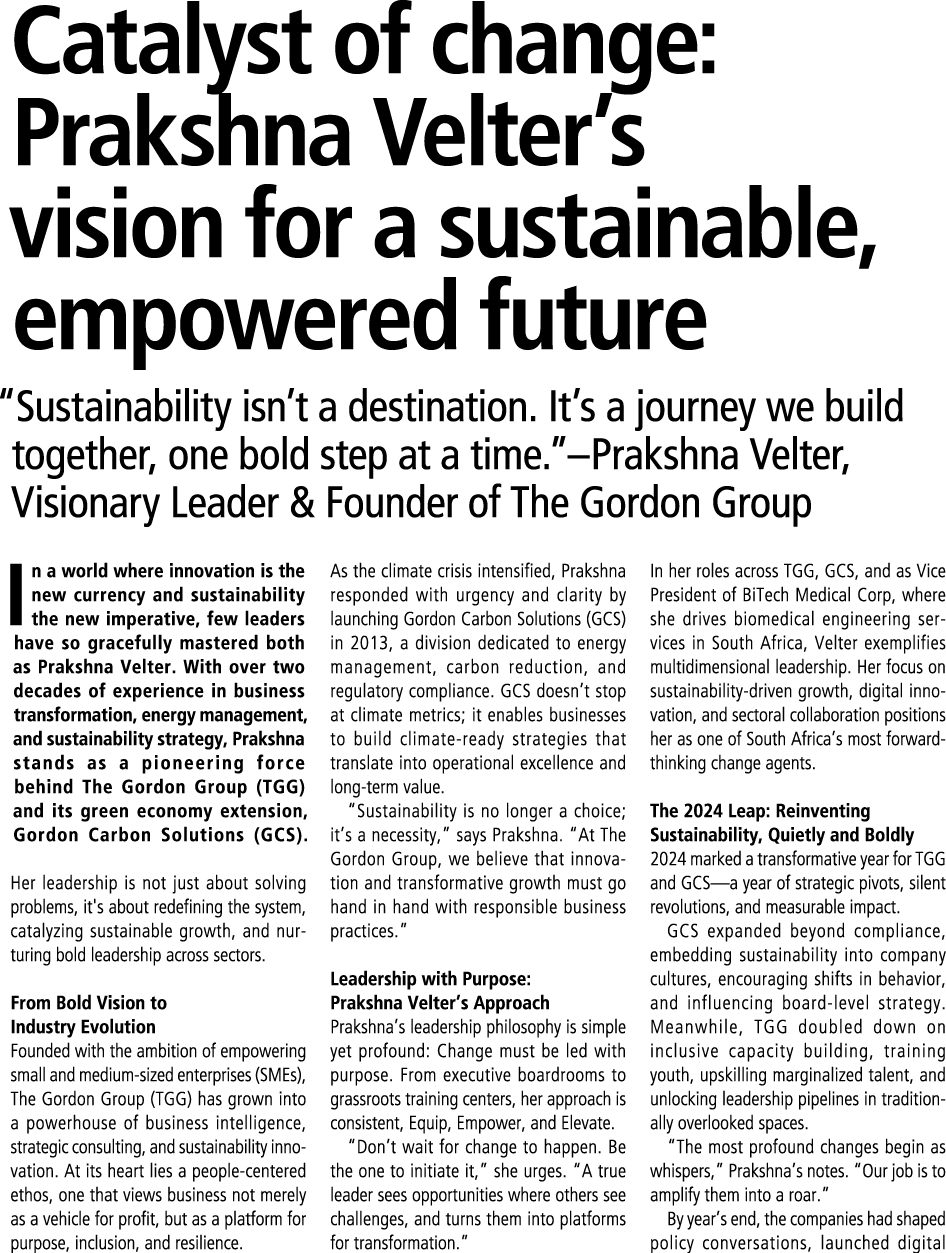 Catalyst of change: Prakshna Velter’s vision for a sustainable, empowered future “Sustainability isn’t a destination....