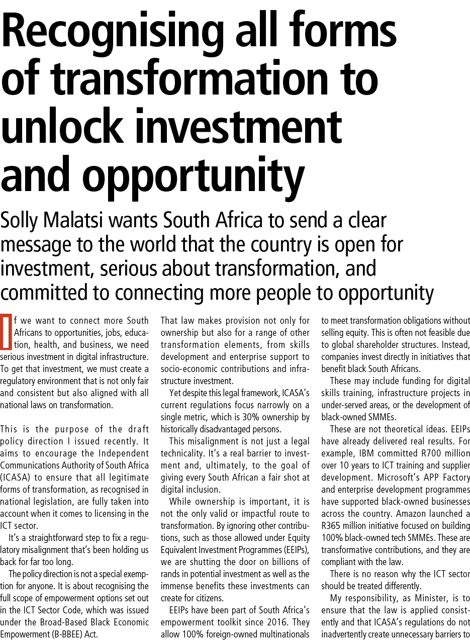 Recognising all forms of transformation to unlock investment and opportunity Solly Malatsi wants South Africa to send...