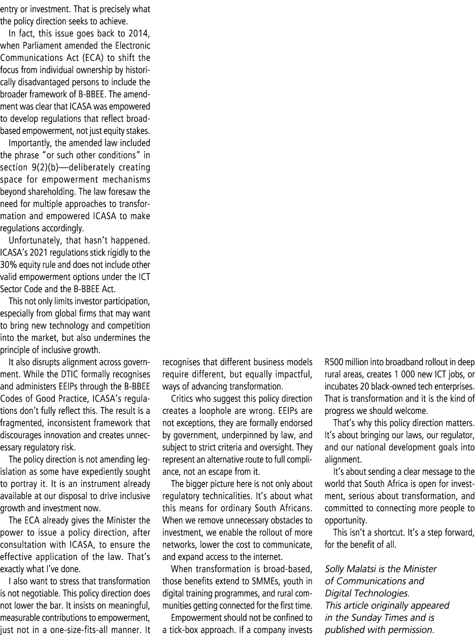 entry or investment. That is precisely what the policy direction seeks to achieve. In fact, this issue goes back to 2...