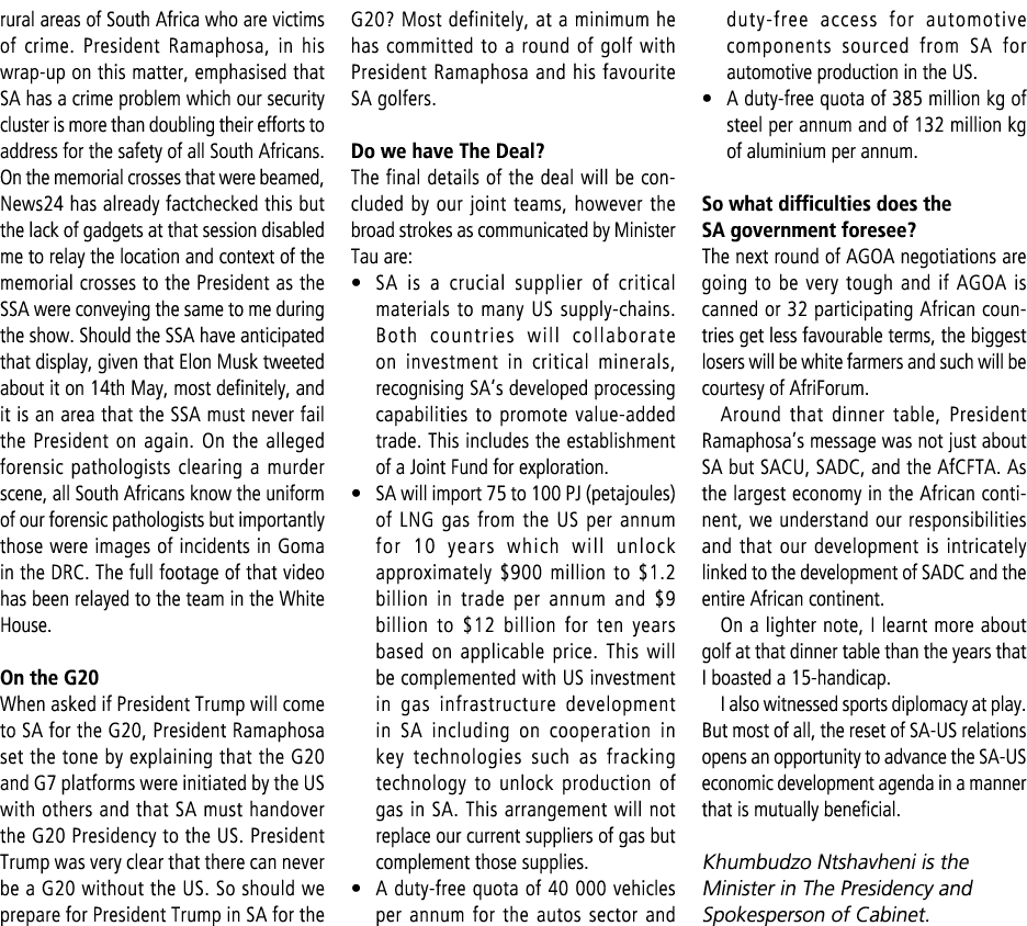 rural areas of South Africa who are victims of crime. President Ramaphosa, in his wrap up on this matter, emphasised ...