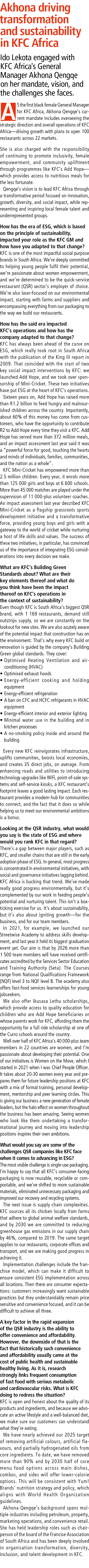 Akhona driving transformation and sustainability in KFC Africa Ido Lekota engaged with KFC Africa's General Manager A...