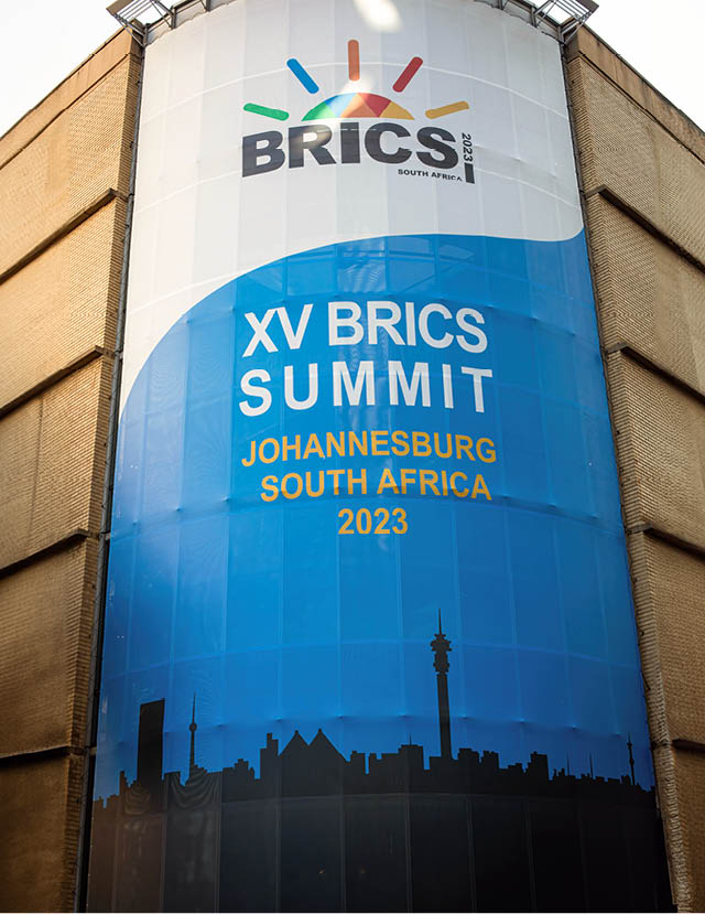 JOHANNESBURG, SOUTH AFRICA - AUGUST 23: Advertising displayed outside the Sandton Convention Center where the Brics Summit is being held on August 23, 2023 in Johannesburg, South Africa. It is the first in-person summit of the BRICS nations - Brazil, Russia, India, China and South Africa - since the Covid-19 pandemic. (Photo by Per-Anders Pettersson/Getty Images)
