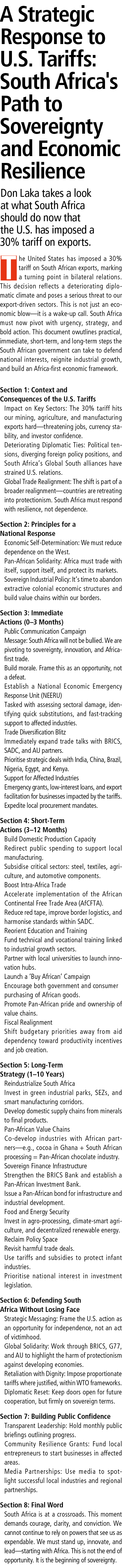 A Strategic Response to U.S. Tariffs: South Africa's Path to Sovereignty and Economic Resilience Don Laka takes a loo...