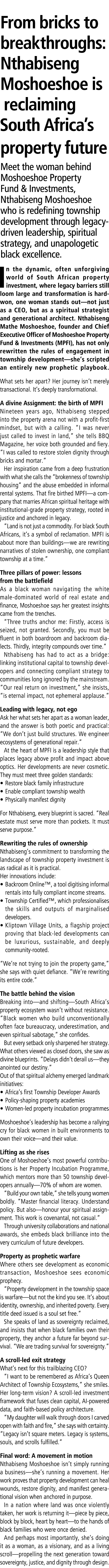 From bricks to breakthroughs: Nthabiseng Moshoeshoe is reclaiming South Africa’s property future Meet the woman behin...