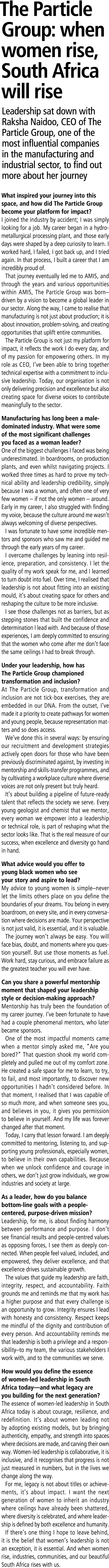 The Particle Group: when women rise, South Africa will rise Leadership sat down with Raksha Naidoo, CEO of The Partic...