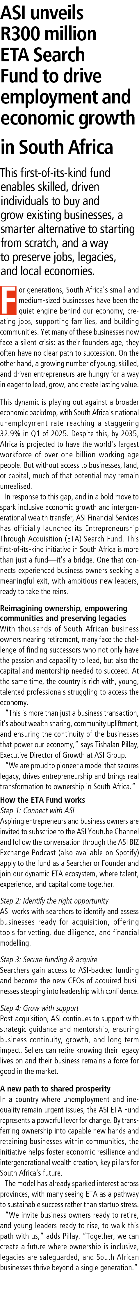 ASI unveils R300 million ETA Search Fund to drive employment and economic growth in South Africa This first of its ki...