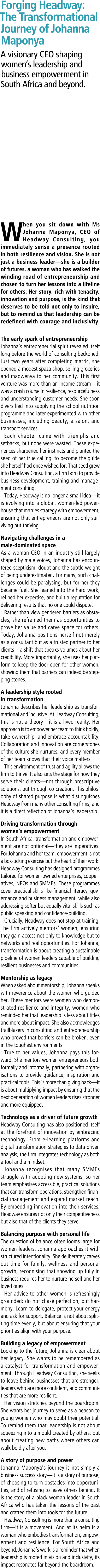 Forging Headway: The Transformational Journey of Johanna Maponya A visionary CEO shaping women’s leadership and busin...