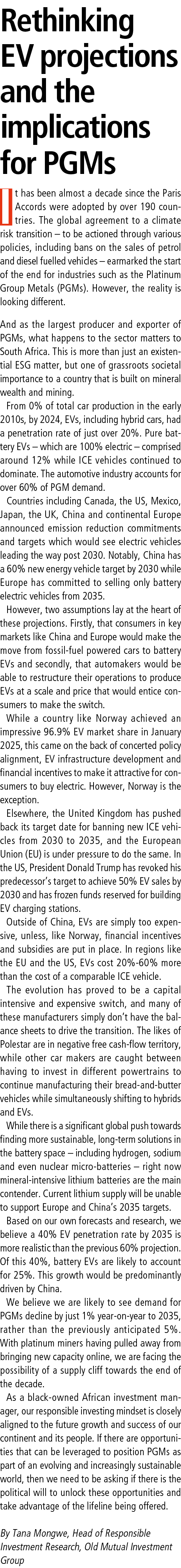 Rethinking EV projections and the implications for PGMs It has been almost a decade since the Paris Accords were adop...
