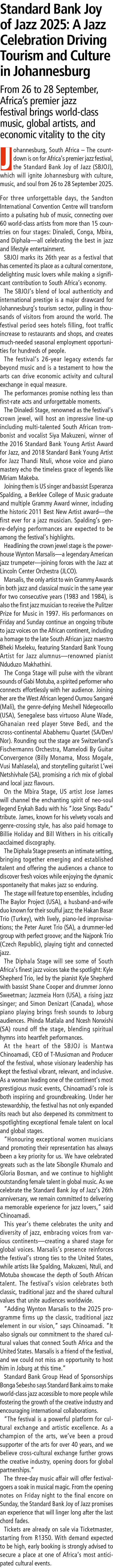 Standard Bank Joy of Jazz 2025: A Jazz Celebration Driving Tourism and Culture in Johannesburg From 26 to 28 Septembe...