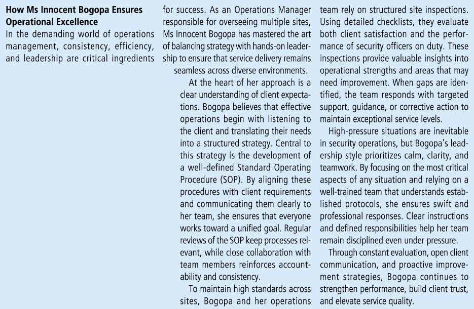 How Ms Innocent Bogopa Ensures Operational Excellence In the demanding world of operations management, consistency, e...