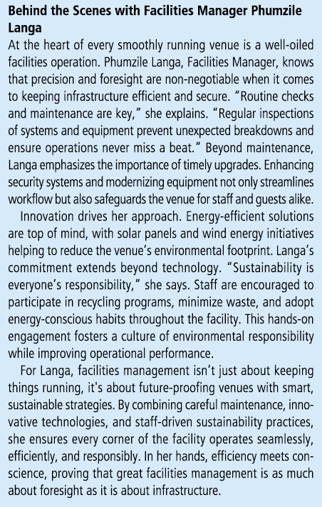 Behind the Scenes with Facilities Manager Phumzile Langa At the heart of every smoothly running venue is a well oiled...