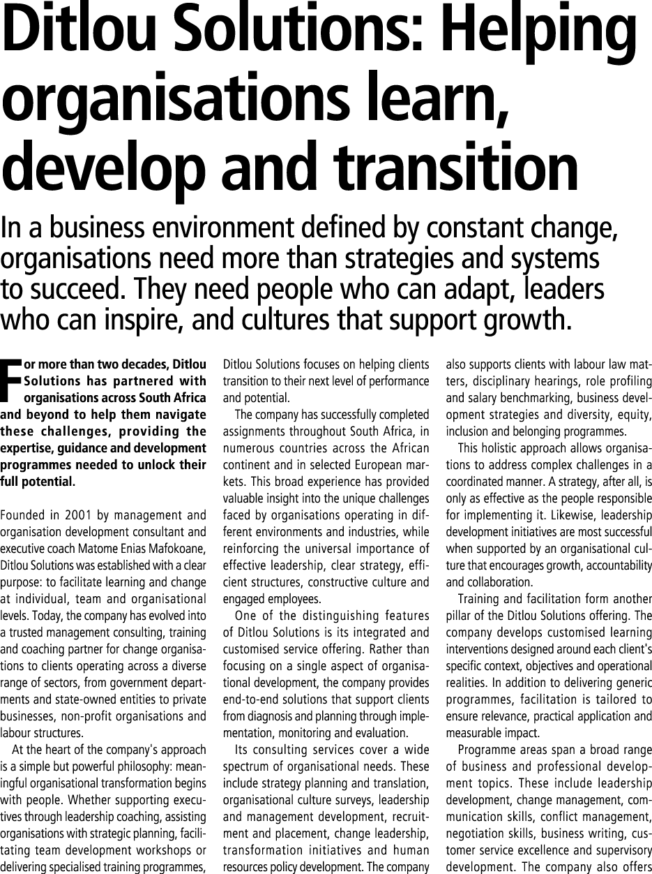 Ditlou Solutions: Helping organisations learn, develop and transition In a business environment defined by constant c...
