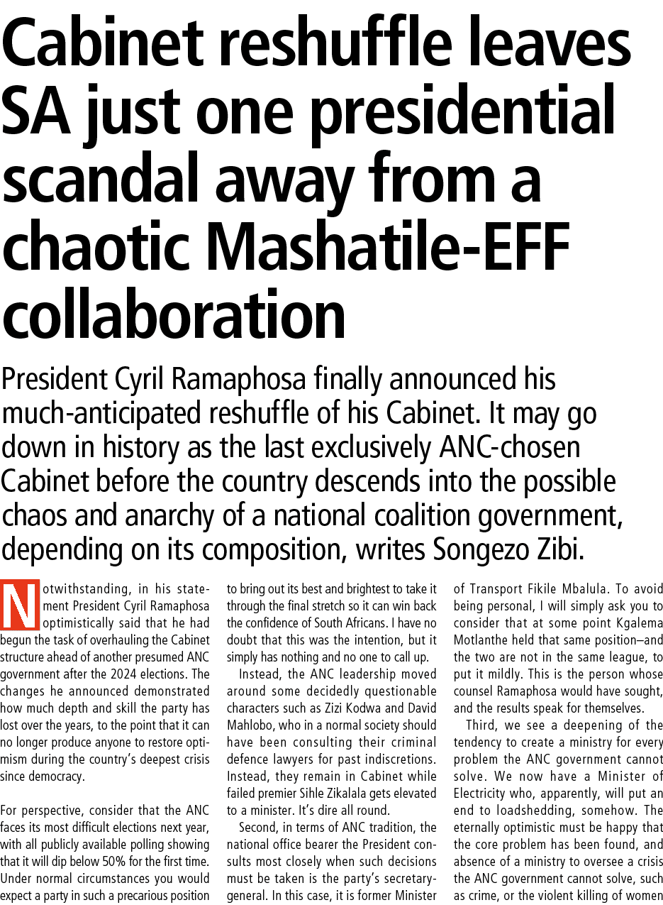 Cabinet reshuffle leaves SA just one presidential scandal away from a chaotic Mashatile EFF collaboration President C...