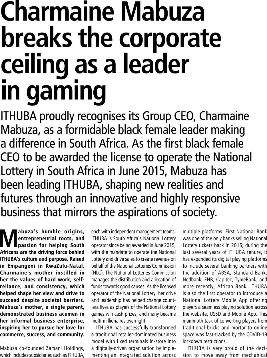 Charmaine Mabuza breaks the corporate ceiling as a leader in gaming ITHUBA proudly recognises its Group CEO, Charmain...