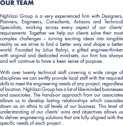 OUR TEAM Nghilazi Group is a very experienced firm with Designers, Planners, Engineers, Consultants, Artisans and Tec...