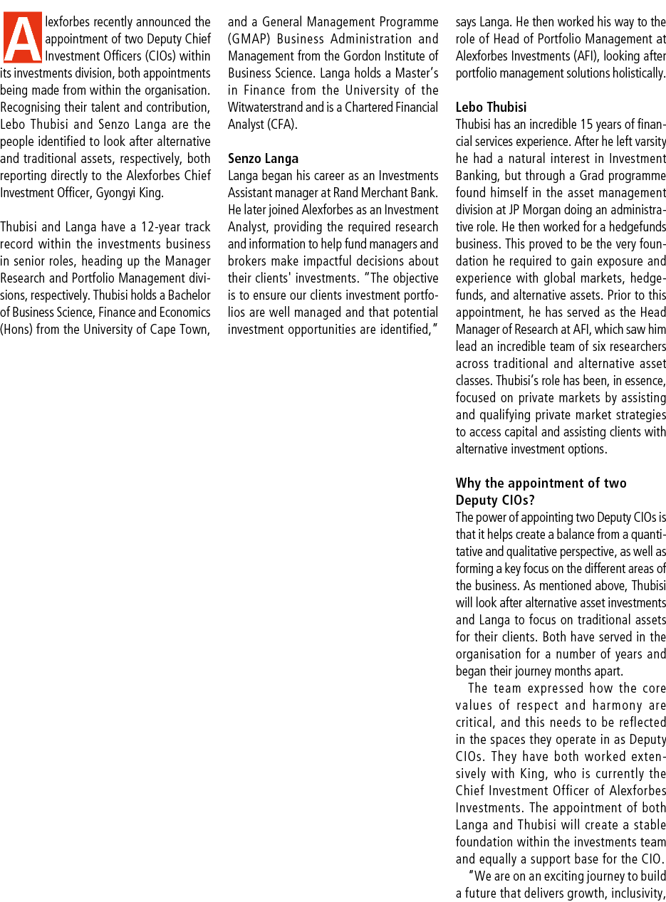 Alexforbes recently announced the appointment of two Deputy Chief Investment Officers (CIOs) within its investments d...