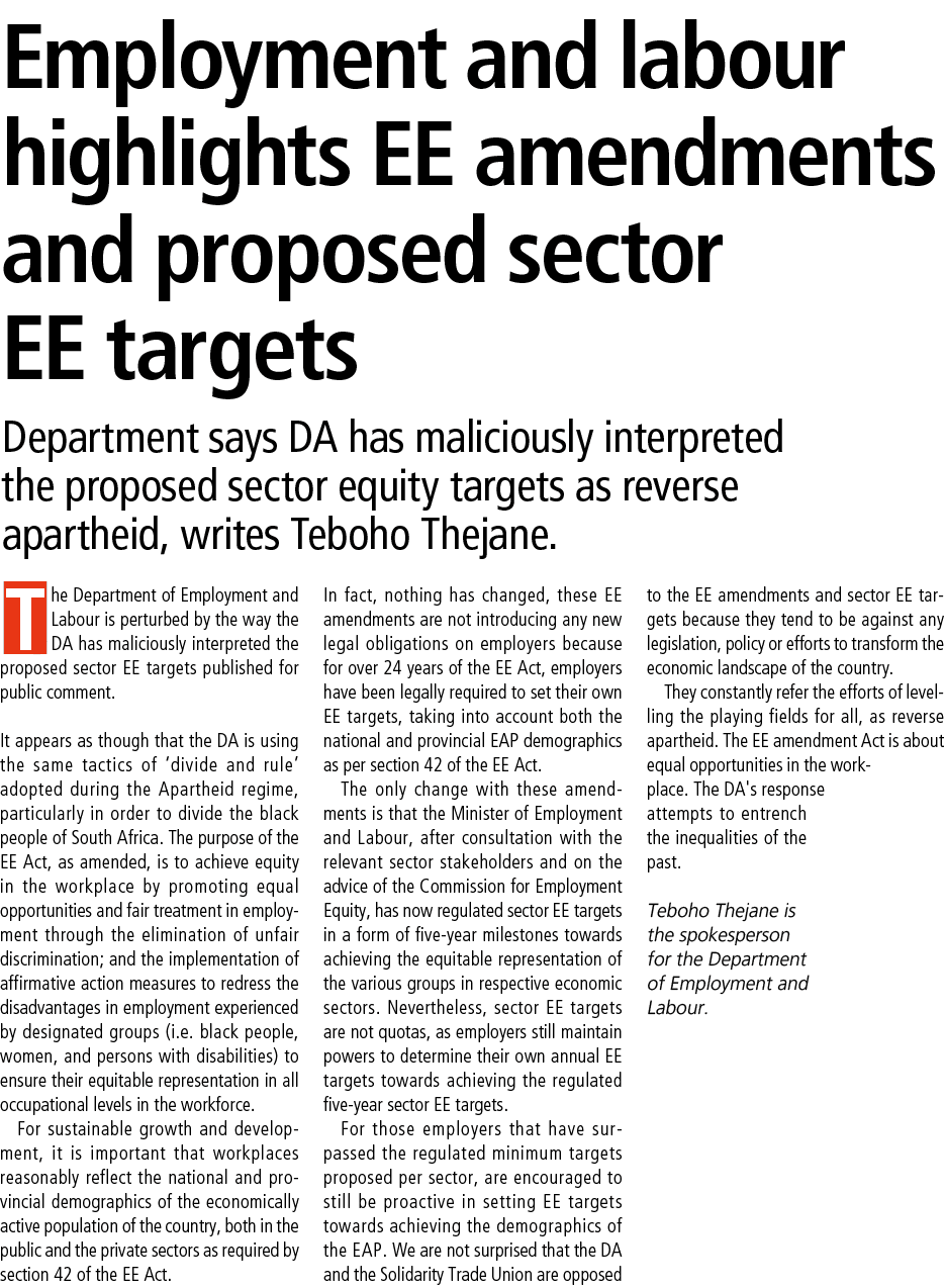 Employment and labour highlights ee amendments and proposed sector ee targets Department says DA has maliciously inte...