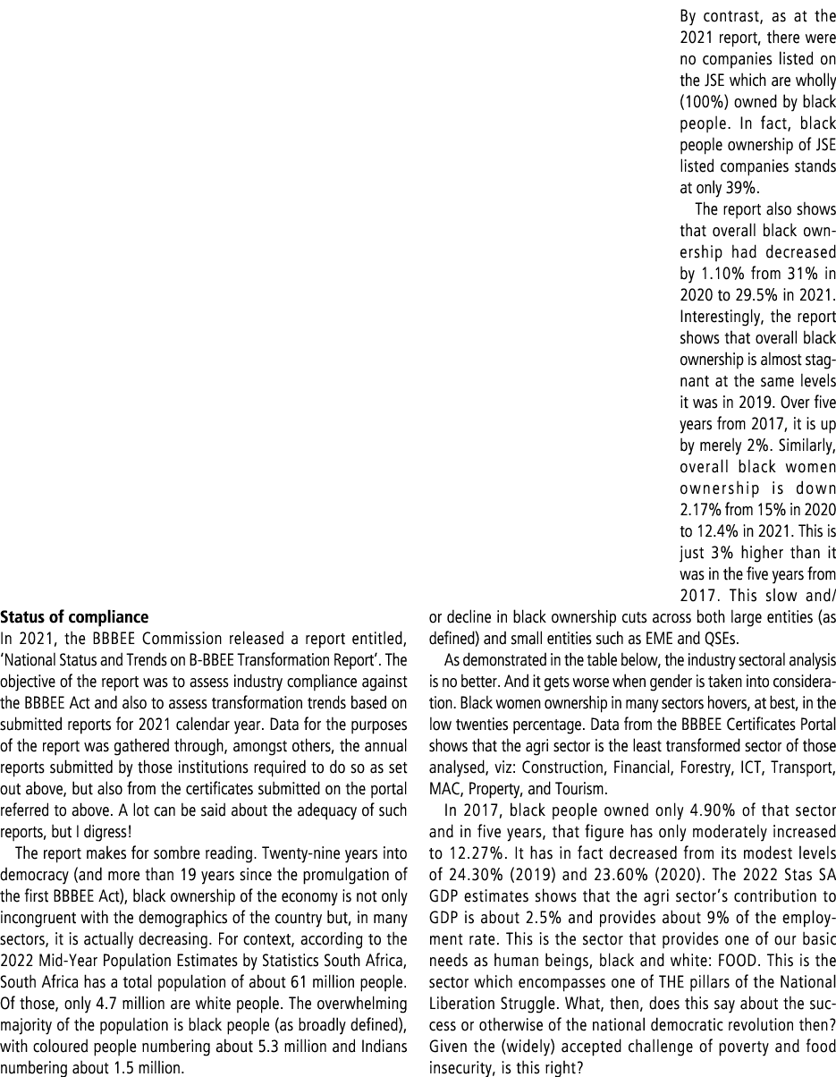 Status of compliance In 2021, the BBBEE Commission released a report entitled, ‘National Status and Trends on B BBEE ...