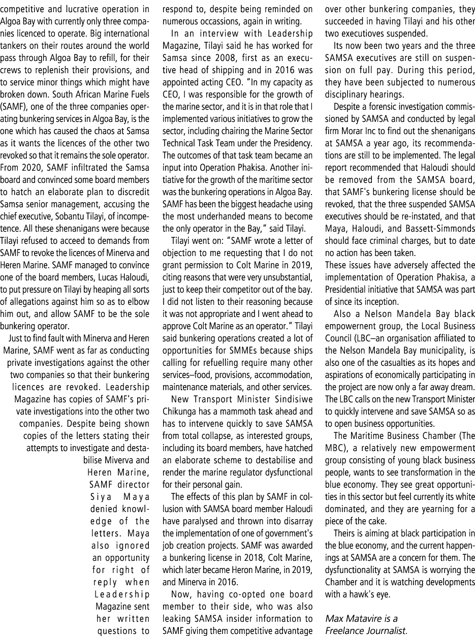 competitive and lucrative operation in Algoa Bay with currently only three companies licenced to operate. Big interna...
