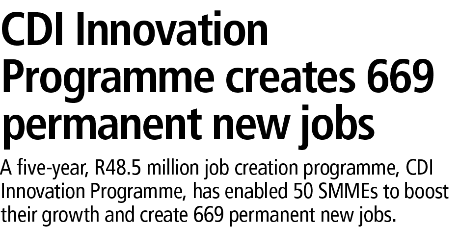 CDI Innovation Programme creates 669 permanent new jobs A five year, R48.5 million job creation programme, CDI Innova...