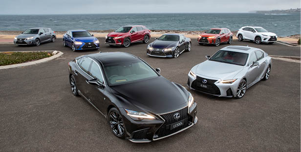Clockwise (left to right): Lexus CT 200h F Sport, ES 300h F Sport, RX 450h F Sport, LC 500h, UX 250h F Sport, NX 300h F Sport, IS 300h F Sport and LS 500h F Sport.