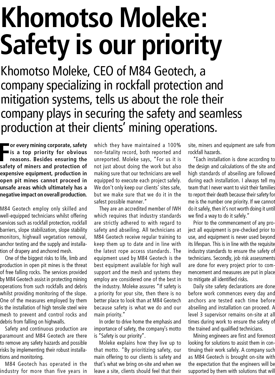 Khomotso Moleke: Safety is our priority Khomotso Moleke, CEO of M84 Geotech, a company specializing in rockfall prote...