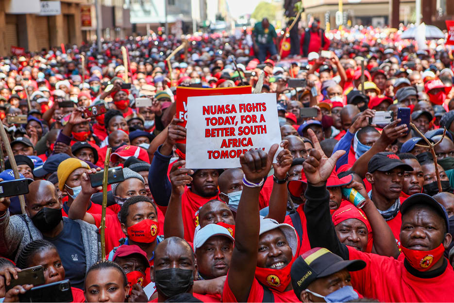 JOHANNESBURG, SOUTH AFRICA - OCTOBER 05: The National Engineering Strike on October 05, 2021 in Johannesburg, South Africa. The National Union of Metalworkers of South Africa (NUMSA) called on all engineering workers across the country to down tools and fight for a living wage. (Photo by Sharon Seretlo/Gallo Images via Getty Images)