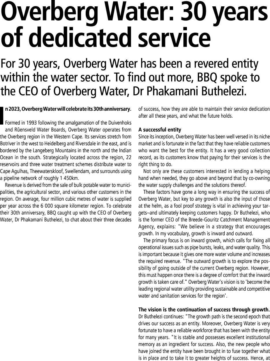 Overberg Water: 30 years of dedicated service For 30 years, Overberg Water has been a revered entity within the water...